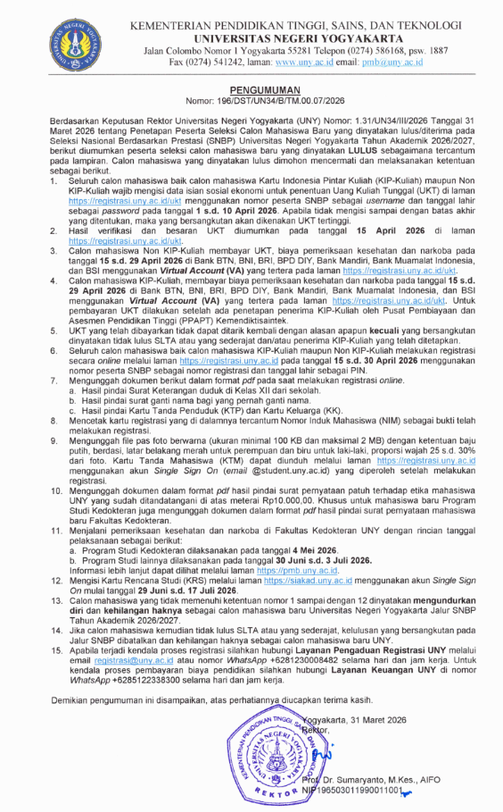 pengumuman registrasi snbp uny 2026