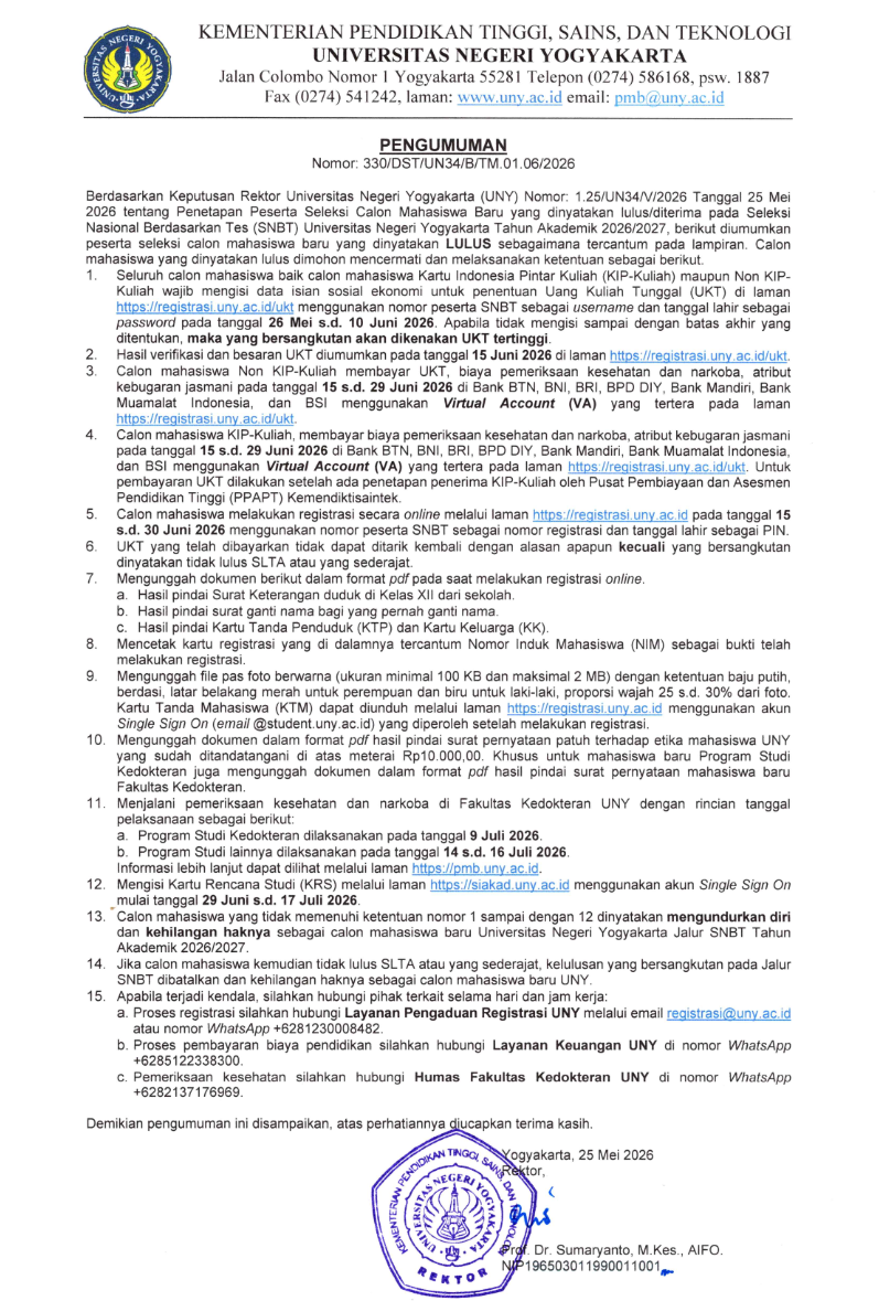 pengumuman snbt uny 2026